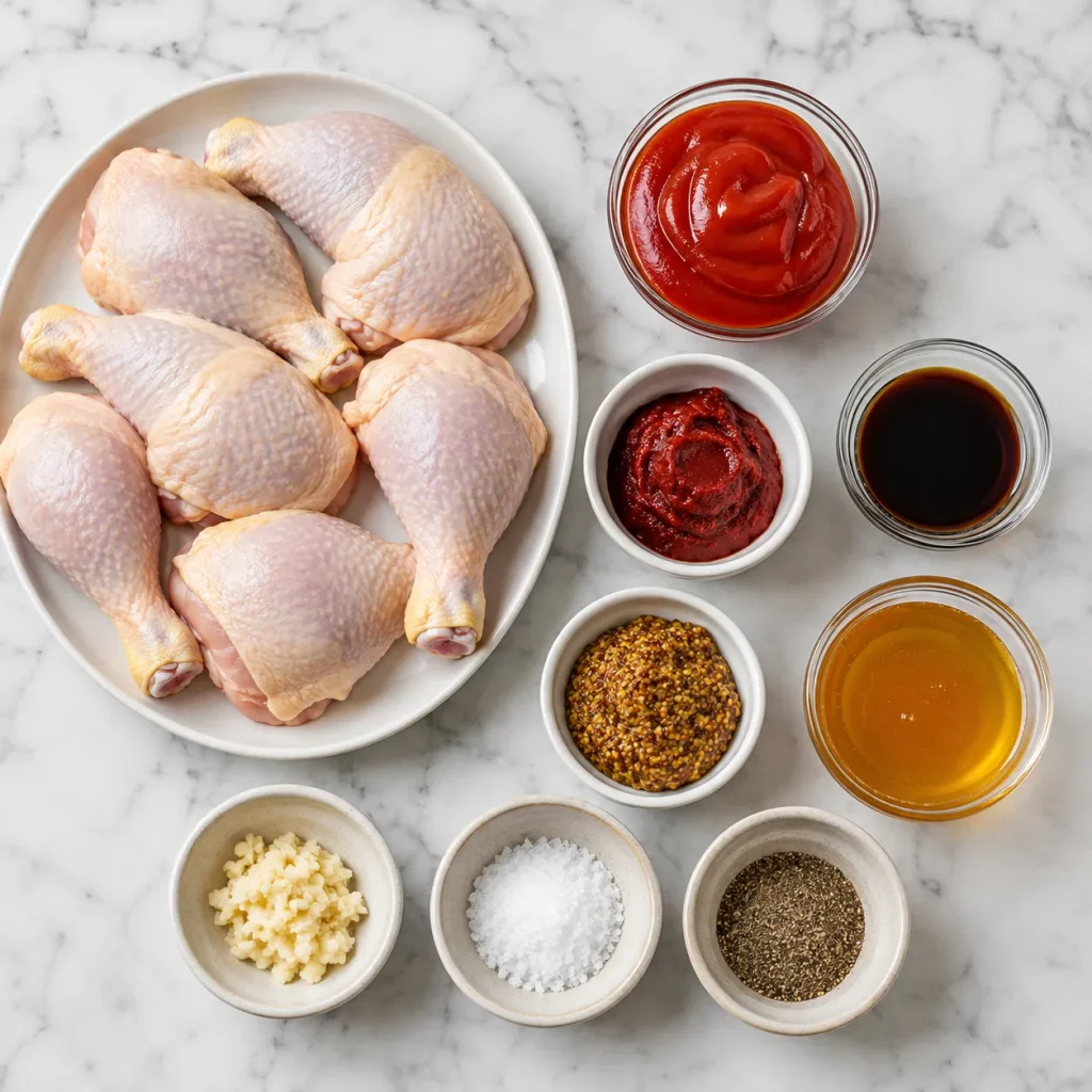 Ingredients for Mary Berry Sticky Chicken including chicken legs, ketchup, tomato purée, mustard, honey, garlic, salt and black pepper