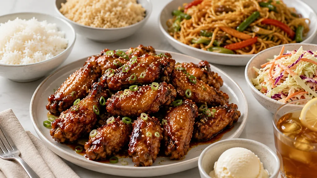 Mary Berry Sticky Chicken Wings served with sesame seeds and spring onions alongside rice, noodles, slaw and iced tea