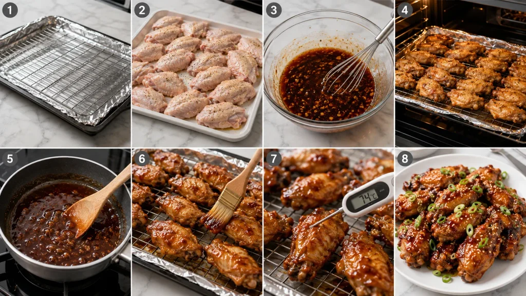 Step-by-step cooking process for Mary Berry Sticky Chicken Wings, from seasoning and mixing the glaze to baking, glazing, checking doneness and garnishing