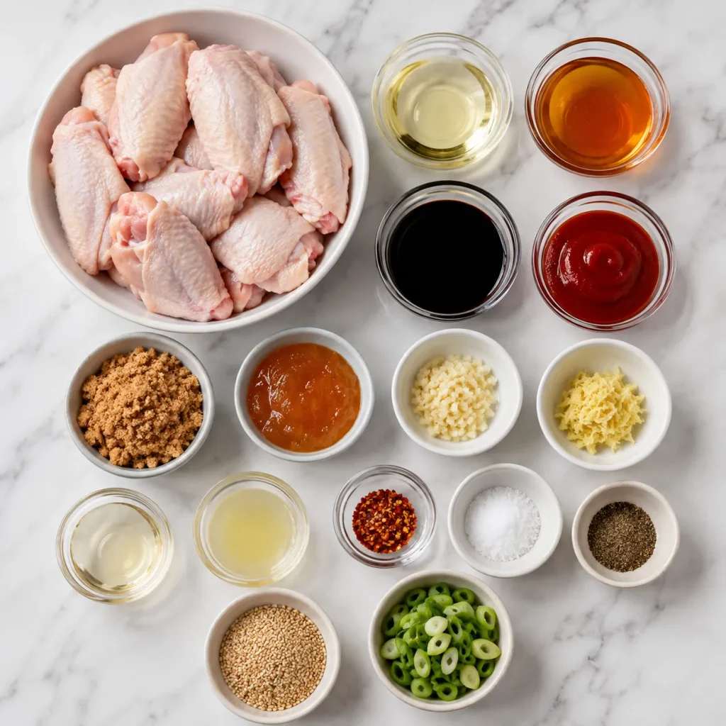 Ingredients for Mary Berry Sticky Chicken Wings arranged on a light marble surface, including chicken wings, honey, soy sauce, ketchup, marmalade, garlic, ginger, seasonings and garnishes