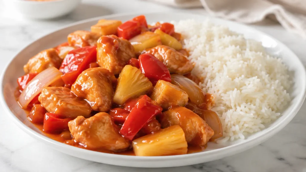 Mary Berry Sweet and Sour Chicken Recipe with chicken, vegetables, pineapple and glossy sauce
