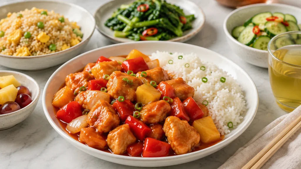 Mary Berry Sweet and Sour Chicken Recipe served with rice and garnishes