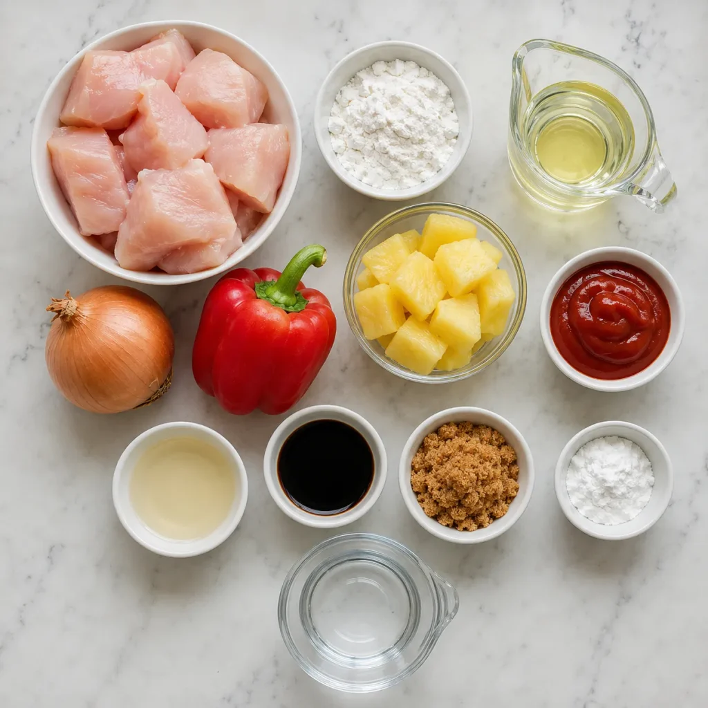 Ingredients for Mary Berry Sweet and Sour Chicken Recipe arranged in a flat lay