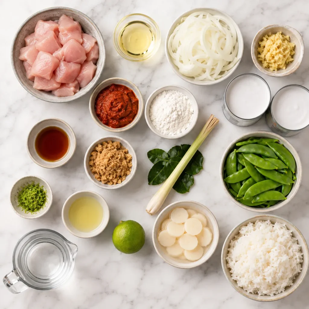 Ingredients for Mary Berry Thai Chicken Curry arranged for cooking