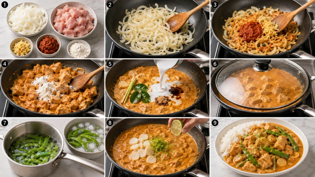 Mary Berry Thai Chicken Curry cooking process shown in step-by-step panels