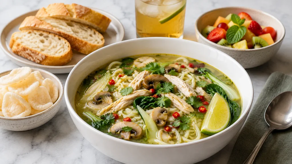 Mary Berry Thai Chicken Noodle Soup with chicken, egg noodles, mushrooms, pak choi, coriander, chilli and lime