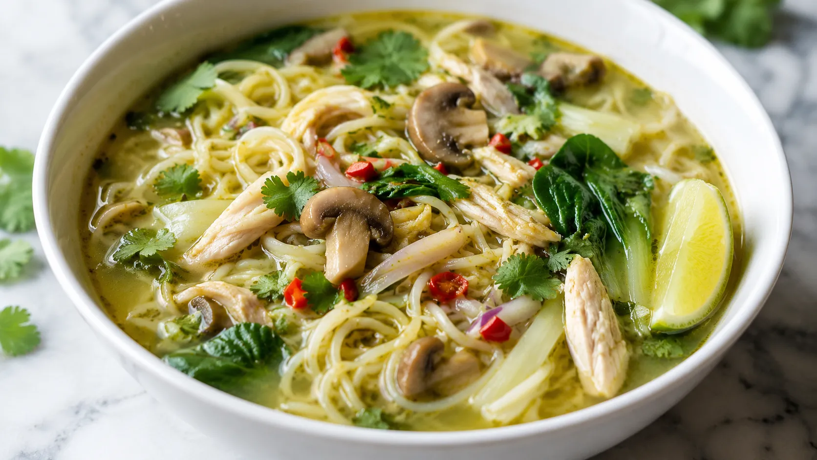 Mary Berry Thai Chicken Noodle Soup with chicken, egg noodles, mushrooms, pak choi, coriander, chilli and lime