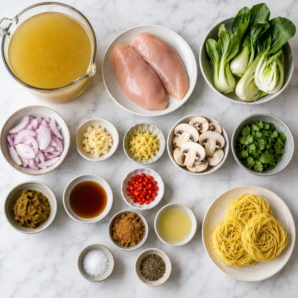 Ingredients for Mary Berry Thai Chicken Noodle Soup arranged in a flat lay