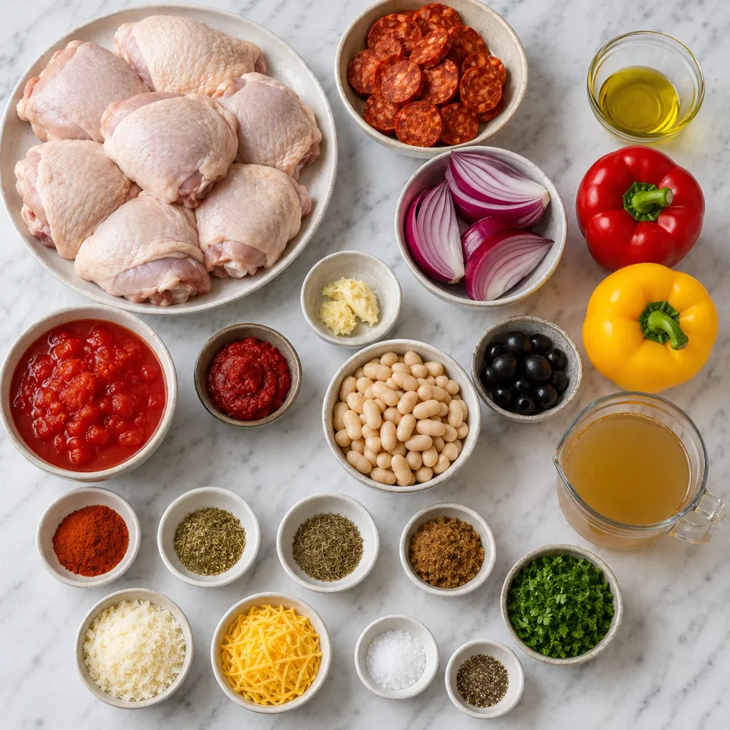 Ingredients for Mediterranean chicken thighs with chorizo arranged in a flat lay