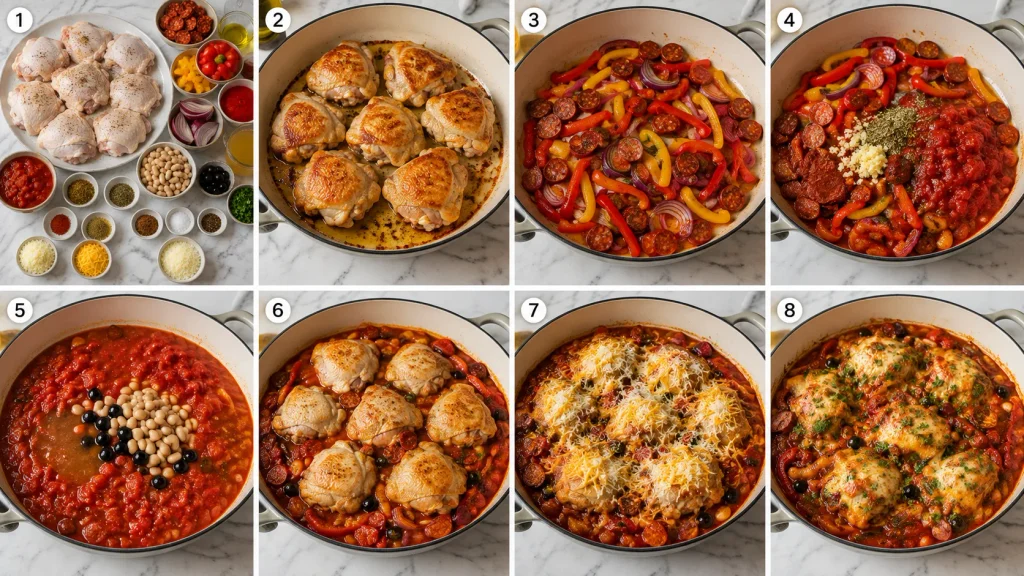 Mediterranean chicken thighs with chorizo cooking steps from browning to baking
