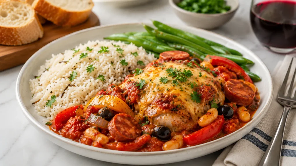Mediterranean chicken thighs with chorizo served with fresh parsley