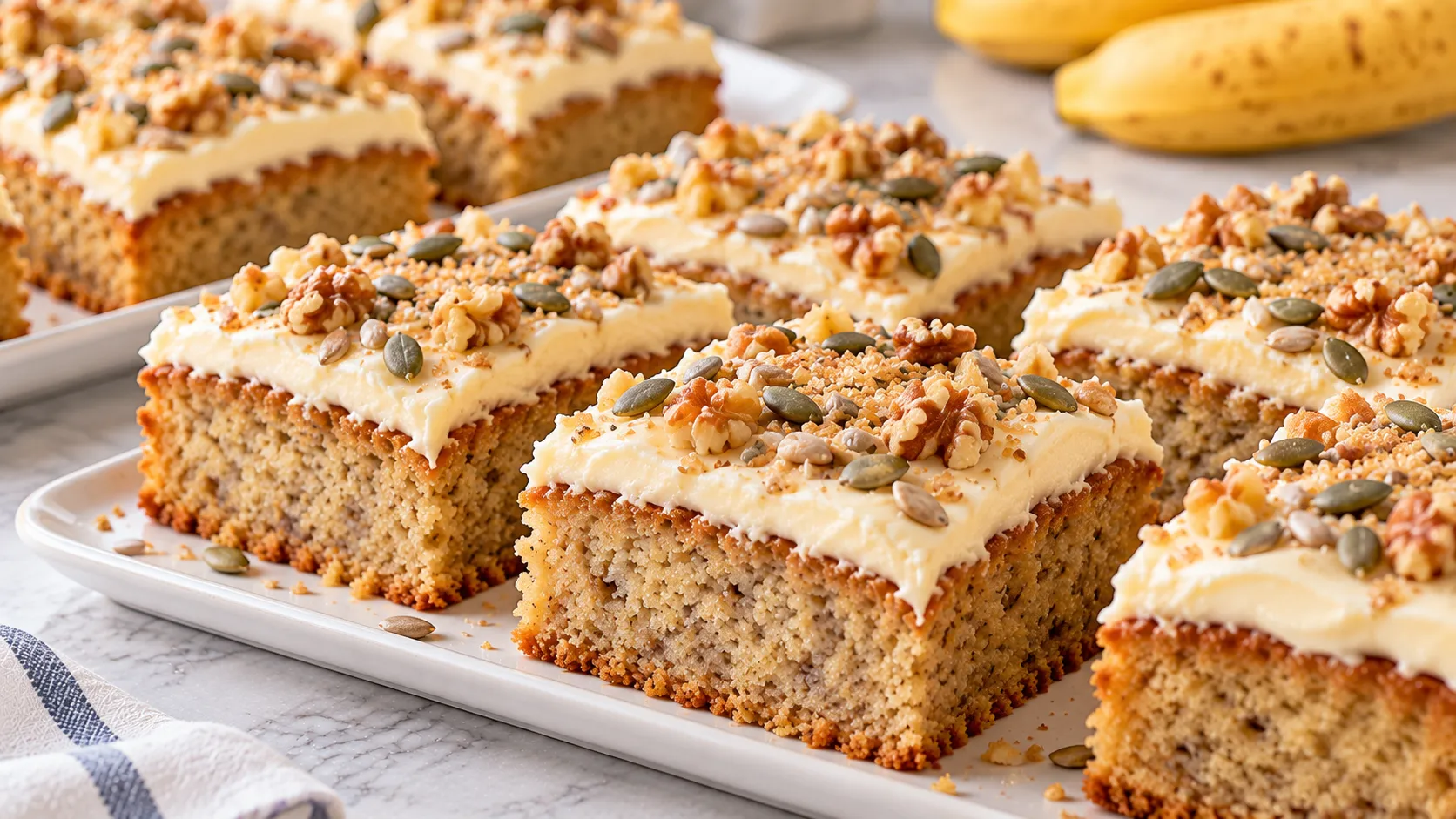 Mary Berry banana traybake topped with cream cheese icing, seeds, and walnuts