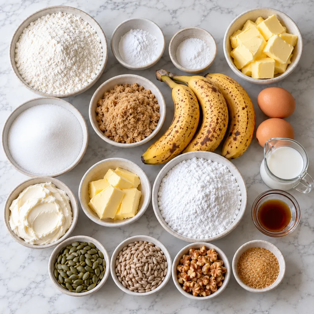 Flat-lay of ingredients for banana traybake including ripe bananas, cream cheese, and pumpkin seeds