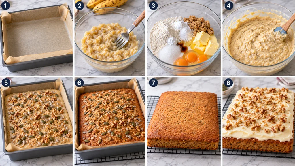 Step-by-step panels showing mashed banana batter being mixed, topped with seeds, and baked