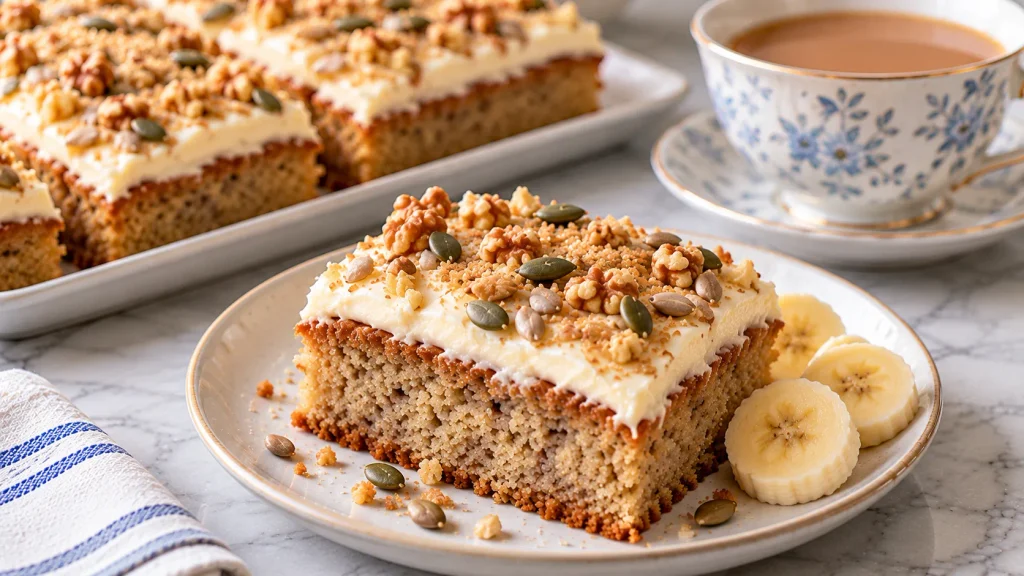 Slice of banana traybake served with a cup of tea