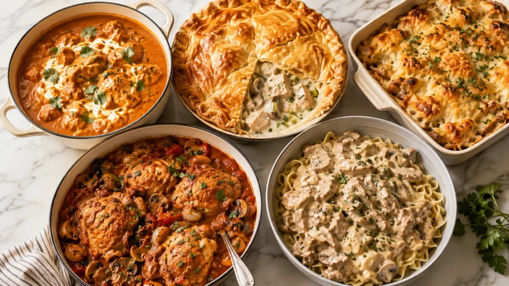 Selection of British-style chicken dishes including curry, pie, casserole, chasseur and stroganoff on a marble countertop