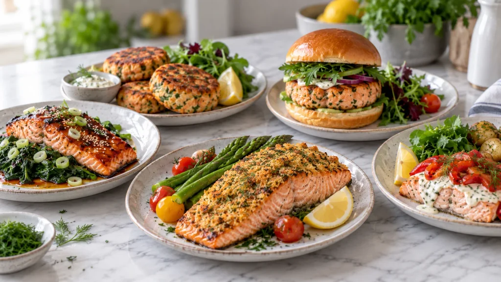 Mary Berry salmon recipes including herb-crusted salmon, miso salmon, salmon fish cakes, salmon burgers and cream cheese salmon