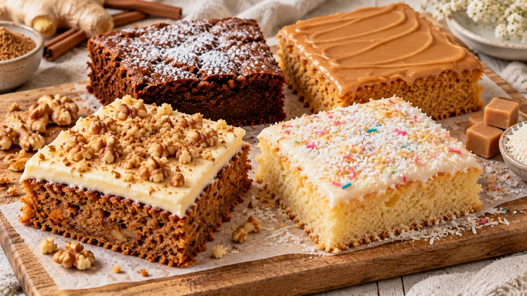 Carrot cake, gingerbread, coconut and butterscotch traybake squares on a wooden board