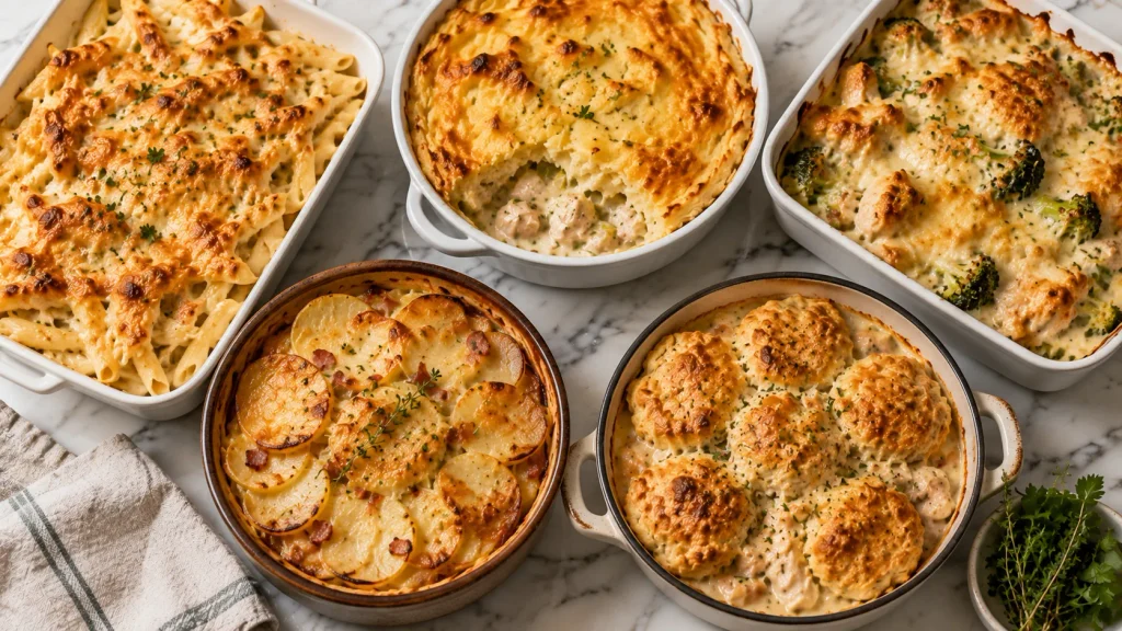 Selection of chicken pasta bake, chicken and broccoli bake, chicken hotpot, chicken tartiflette and chicken cobbler