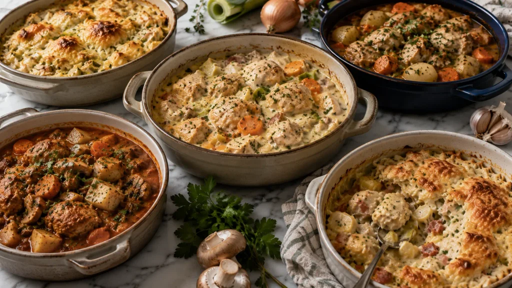 Selection of homemade chicken casseroles and one-pot dishes with creamy sauces, vegetables, bacon and fresh herbs