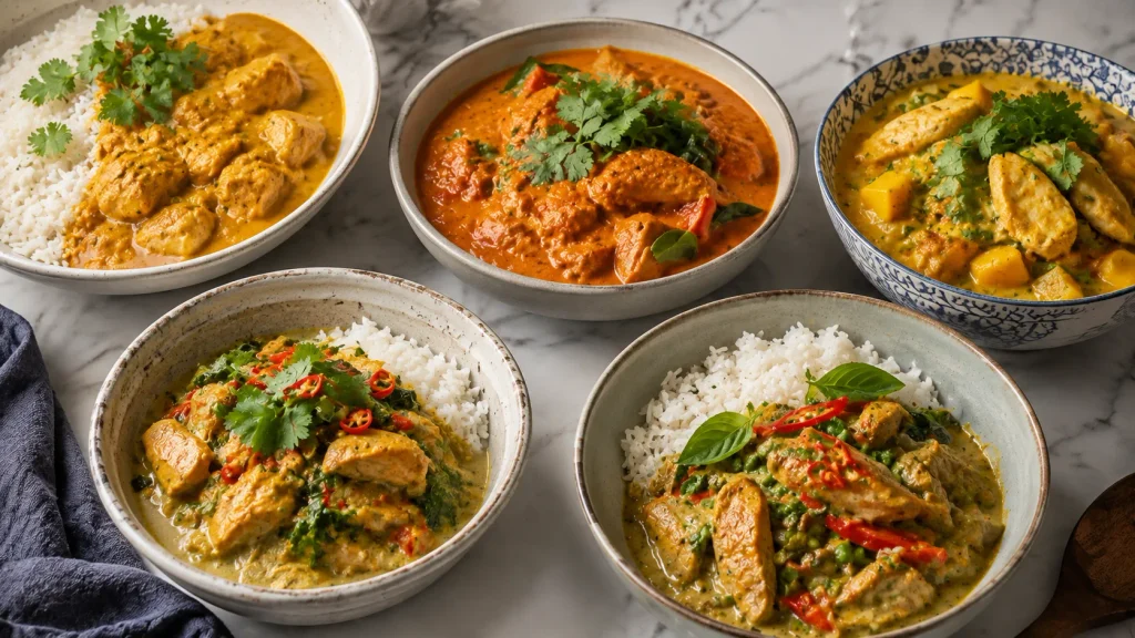 Selection of creamy chicken curry, Malaysian chicken curry, Thai chicken curry and mango chicken served with rice and herbs