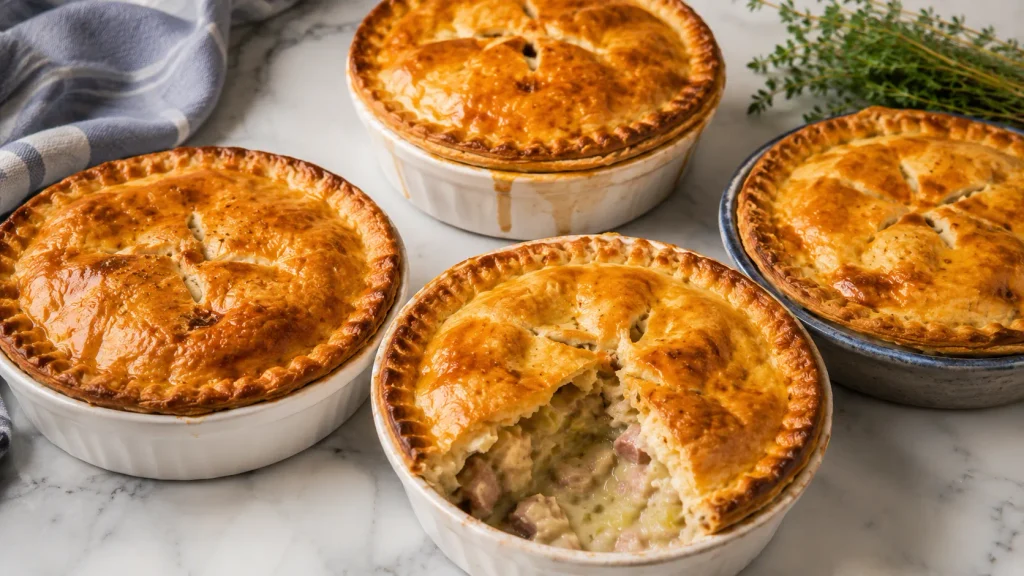 Selection of homemade chicken pies with golden pastry crusts and creamy chicken, leek, bacon and ham fillings