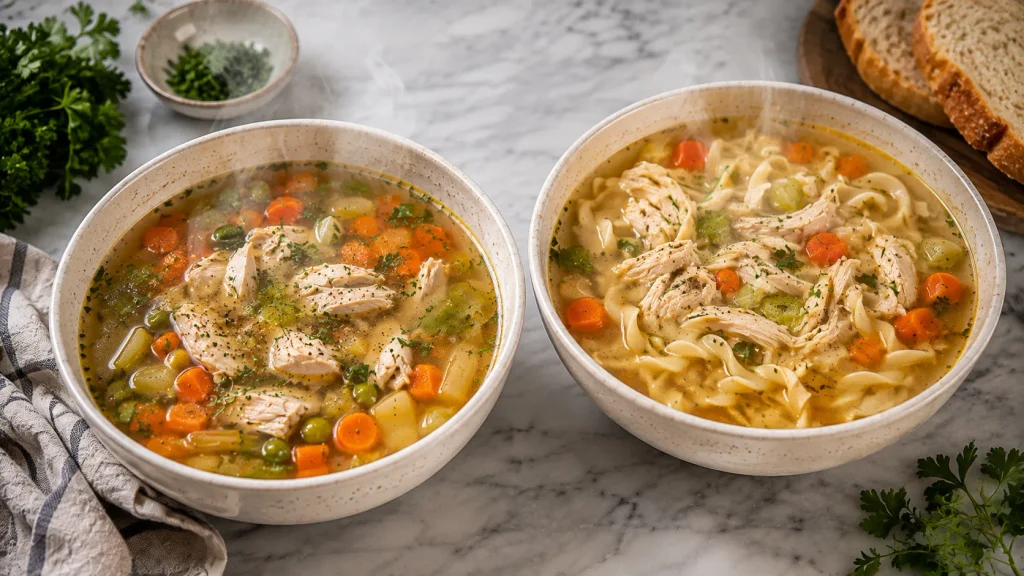 Bowls of homemade chicken and vegetable soup and chicken noodle soup with tender chicken, vegetables and fresh herbs