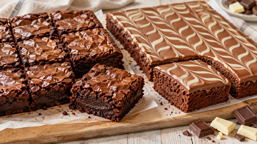 Chocolate brownie squares with a wrinkled top beside a feather-iced chocolate sponge traybake