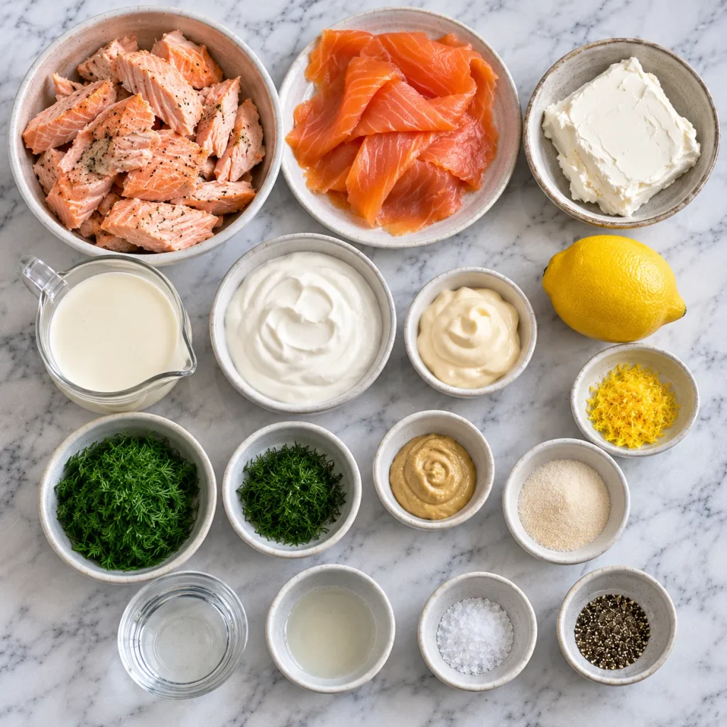 Ingredients for Mary Berry Salmon Mousse Recipe including cooked salmon, smoked salmon, cream cheese and dill