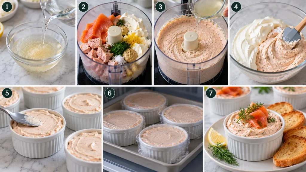 Step-by-step preparation of Mary Berry Salmon Mousse with gelatine, cream and salmon