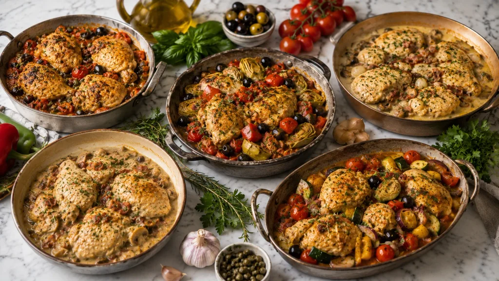 Selection of Mediterranean-style chicken dishes with colourful vegetables, herbs, olives and rich sauces