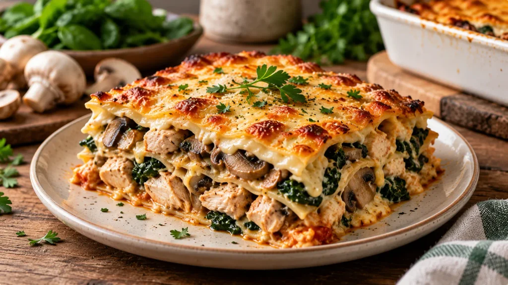 Chicken lasagne with creamy sauce, mushrooms and spinach