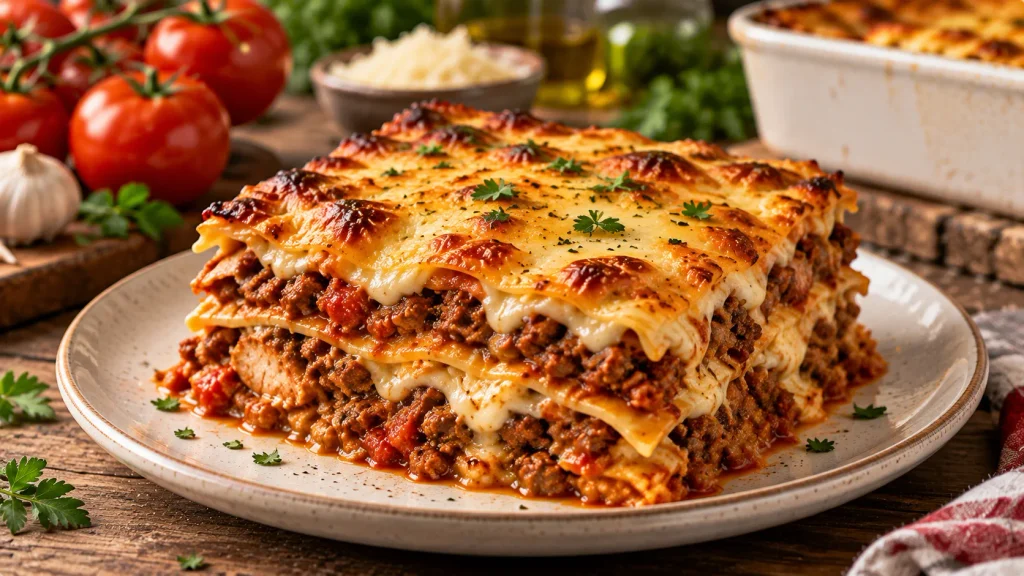 Meat lasagne with rich beef and tomato sauce and golden cheese