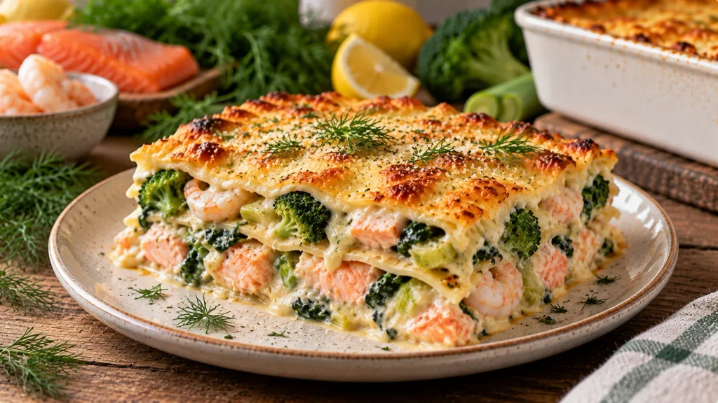 Fish lasagne with salmon, prawns, vegetables and creamy white sauce