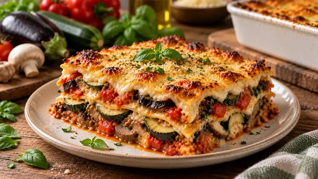 Cheesy beef lasagne with melted mozzarella and Parmesan topping