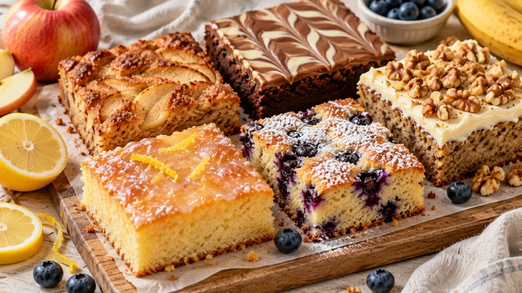 Lemon drizzle, apple, blueberry and banana traybake squares on a wooden board with fresh fruit