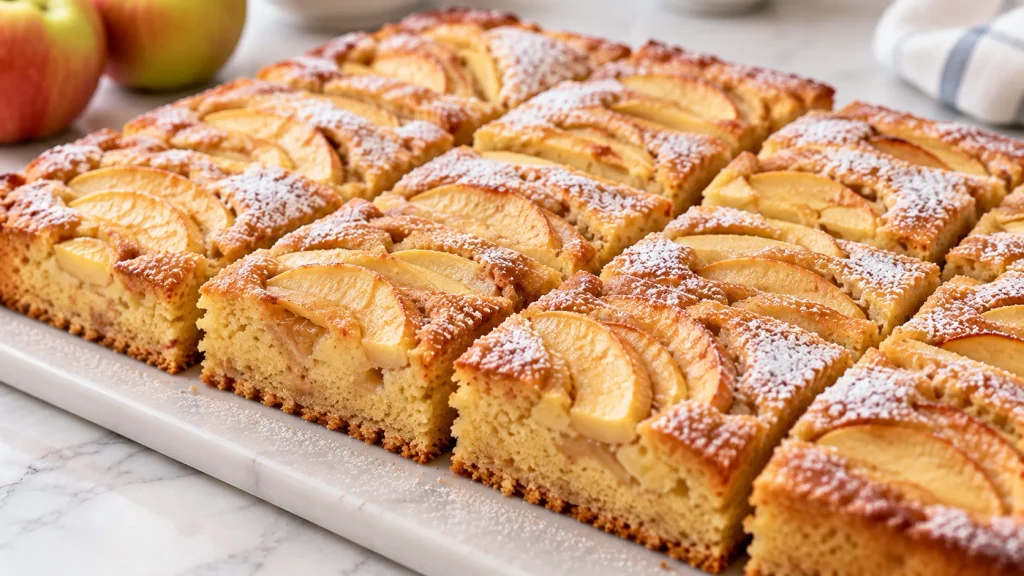 Mary Berry apple cake traybake with sliced apples on top, dusted with icing sugar