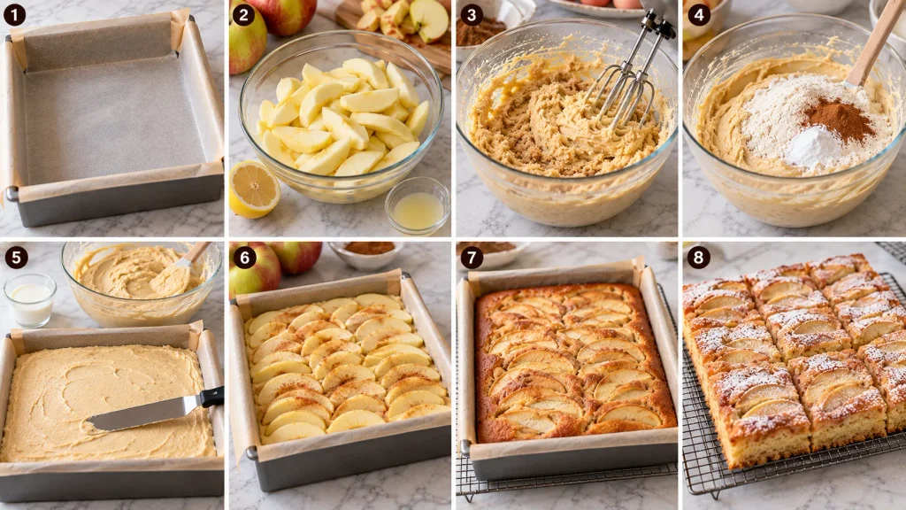 Step-by-step collage showing how to make apple cake traybake, from slicing the apples to arranging them on the batter