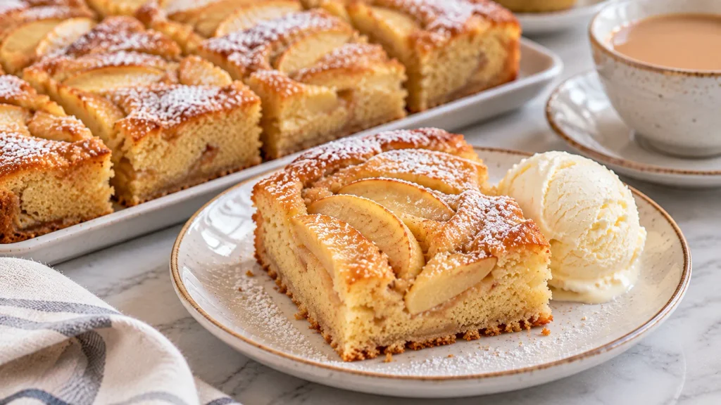 Slices of apple cake traybake served with a spoonful of cream