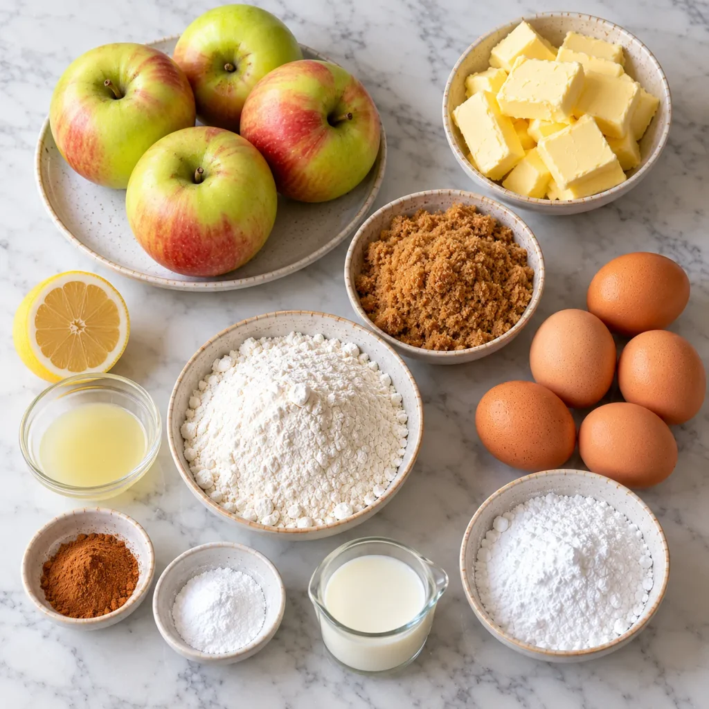 Flat-lay of ingredients for apple cake traybake, including cooking apples, butter, flour, sugar, eggs and lemon