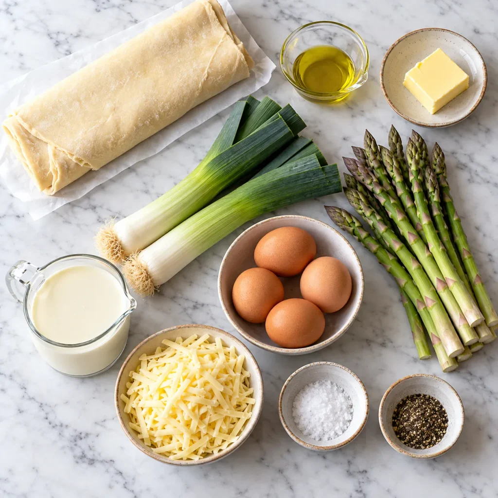 Flat-lay of asparagus quiche ingredients including asparagus spears, leeks, eggs, double cream, Gruyère and shortcrust pastry
