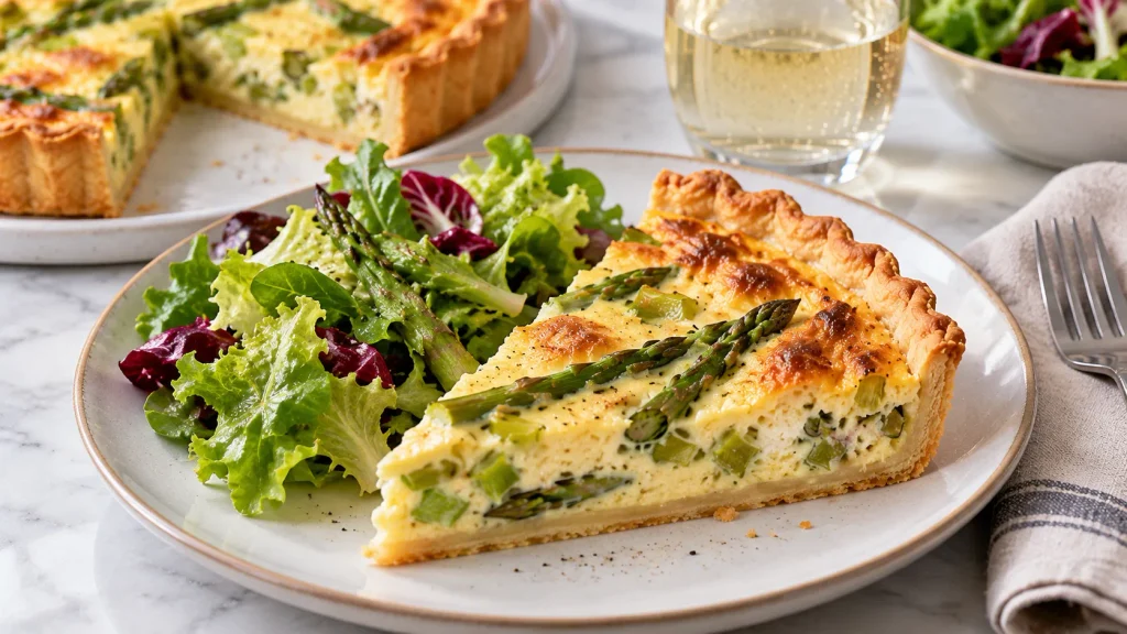 Sliced asparagus quiche served with a fresh green salad