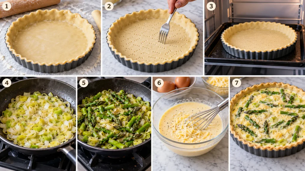 Step-by-step collage showing how to make asparagus quiche, from lining the flan tin to baking