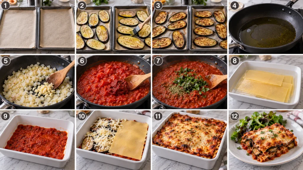 Mary Berry Aubergine Lasagne cooking process in ten steps