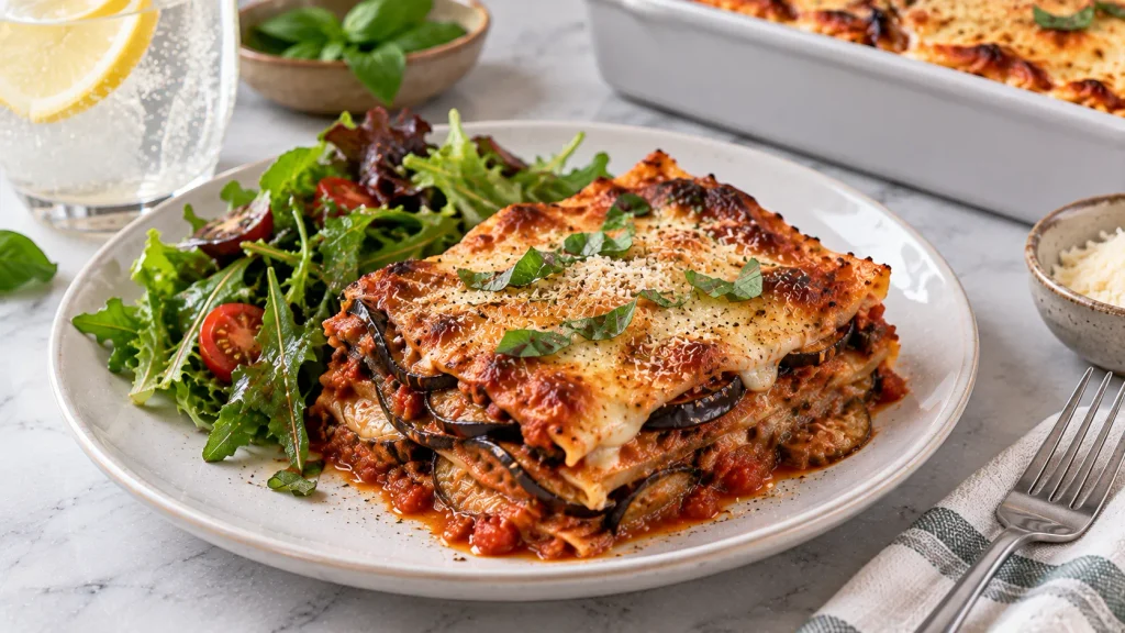 Mary Berry Aubergine Lasagne served with salad and garlic bread