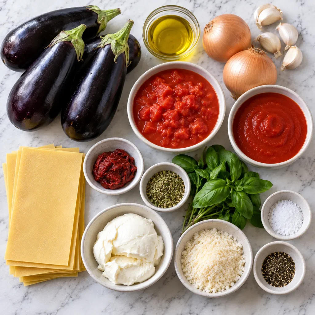 Ingredients for Mary Berry Aubergine Lasagne arranged on marble