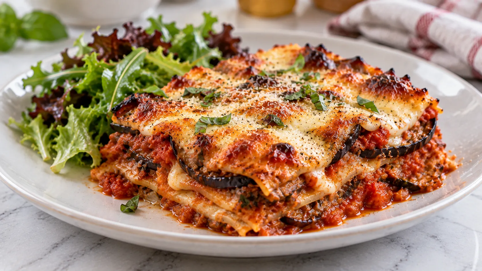 Mary Berry Aubergine Lasagne with golden bubbling cheese
