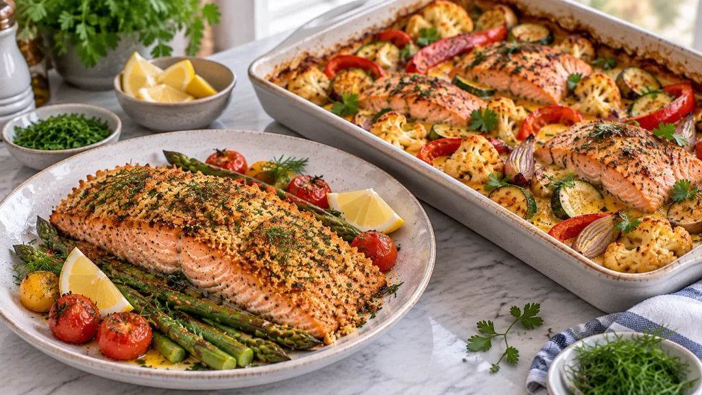 Mary Berry baked salmon and traybake recipes featuring herb-crusted salmon and Thai salmon with roasted vegetables