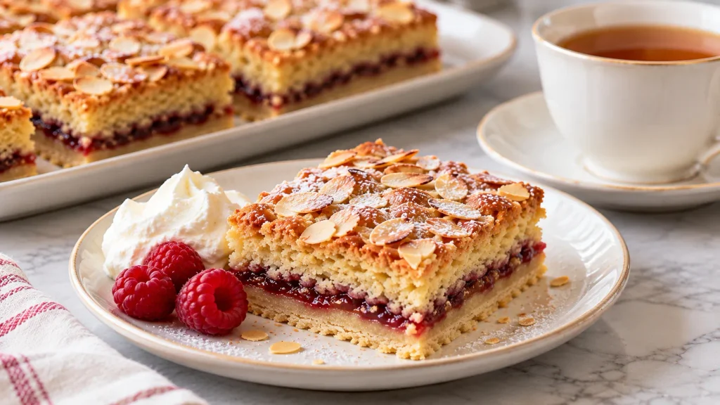 Slice of Bakewell traybake served with a cup of tea
