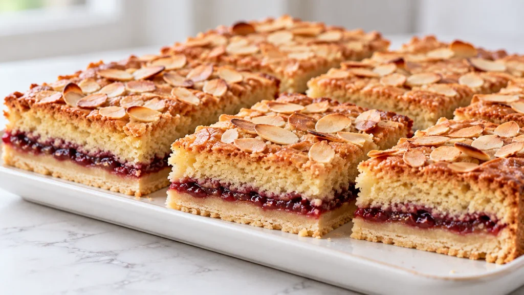 Mary Berry Bakewell traybake sliced into squares showing the almond sponge and jam layer
